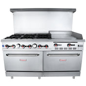 A commercial stainless steel natural gas range, the Empura EGR60-G24 features six burners on the left, a flat griddle on the right, double base oven doors below with red Empura logos, and an overhead splash guard.