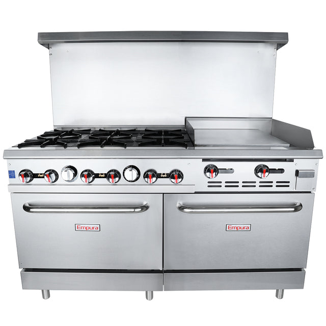 A commercial stainless steel natural gas range, the Empura EGR60-G24 features six burners on the left, a flat griddle on the right, double base oven doors below with red Empura logos, and an overhead splash guard.