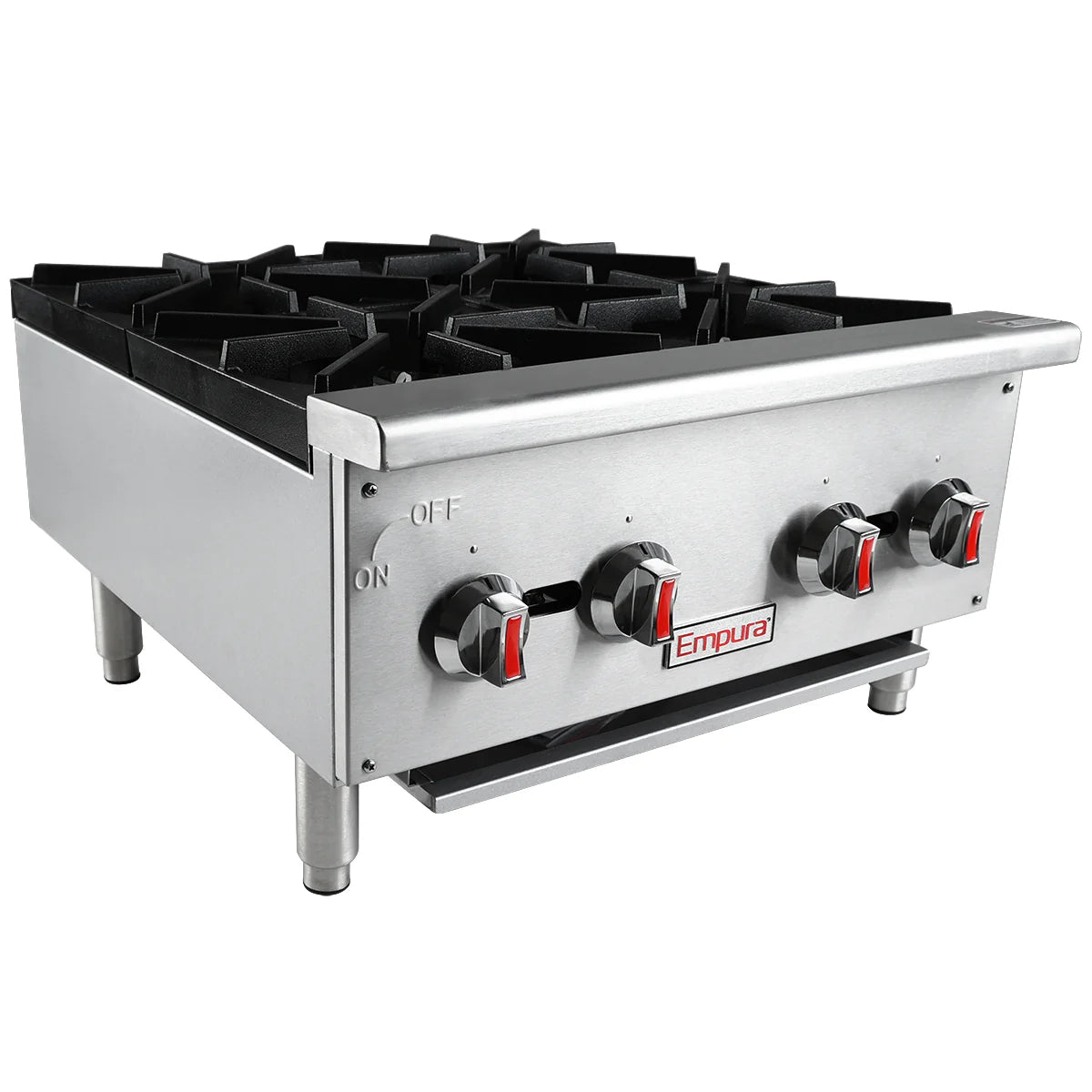 A stainless steel commercial gas hot plate range with cast iron top grates, four black burners, three control knobs with red accents, “Empura” branding, sturdy metal legs, and a labeled control panel designed for countertop installation.
