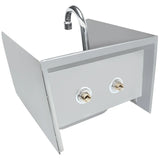 A wall-mounted, gray stainless steel hand sink with a high back, angled side panels, two plumbing pipe connections at the front, and a curved silver faucet above the basin. The design is simple and industrial.