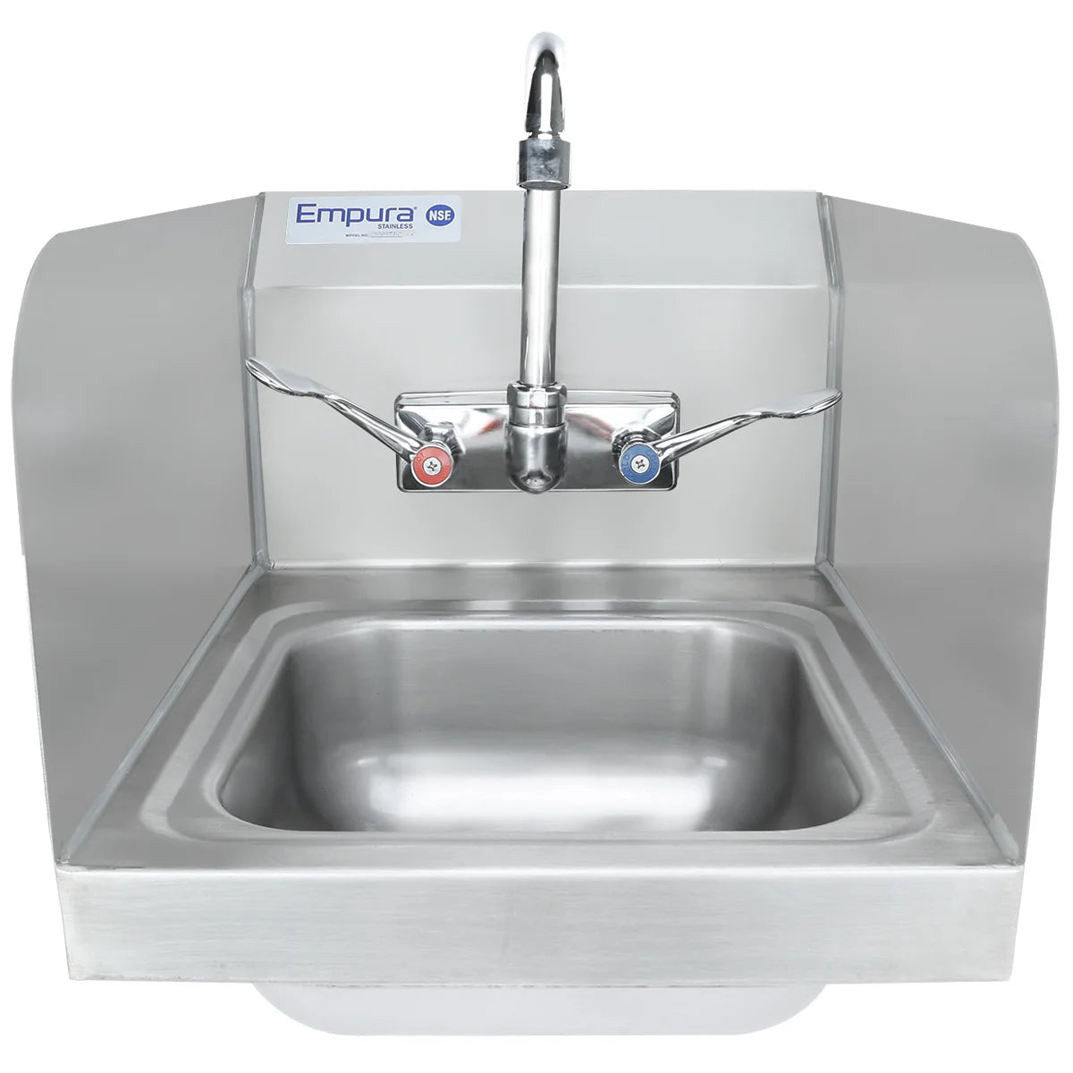 A stainless steel wall mounted hand sink with a faucet, hot and cold handles marked red and blue, and raised side splash guards. The Empura brand label is visible above the clean, unused hand sink.