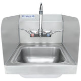 A stainless steel wall mounted hand sink with a faucet, hot and cold handles marked red and blue, and raised side splash guards. The Empura brand label is visible above the clean, unused hand sink.