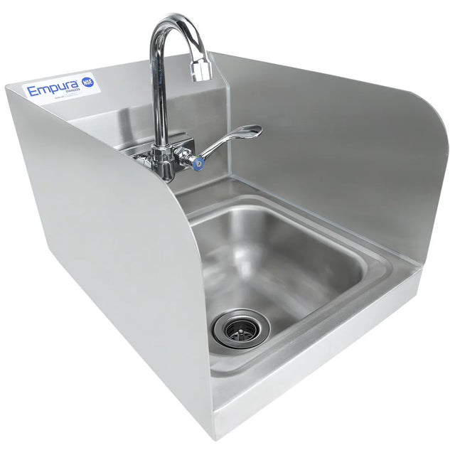 This wall mounted hand sink features high side and back splashes, a deep square basin, a tall curved faucet, and an easy temperature control lever. The Empura logo accents its clean, industrial stainless steel hand sink design.