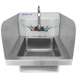 A wall mounted stainless steel hand sink with splash guards on both sides, a rectangular basin, and a dual-handle faucet marked red for hot water and blue for cold. The Empura brand label is on the upper left.