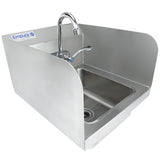 A wall mounted stainless steel hand sink featuring high side splashes, a deep rectangular basin, dual-handle faucet, and the Empura logo—ideal for hygienic handwashing in commercial or industrial settings.