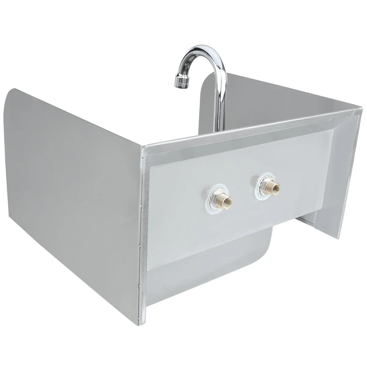 A wall mounted hand sink with three sides extending upward, a curved silver faucet centered at the back, and two exposed water supply connections on the front panel. The utilitarian design suits industrial or laundry use.