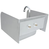 A wall mounted hand sink with three sides extending upward, a curved silver faucet centered at the back, and two exposed water supply connections on the front panel. The utilitarian design suits industrial or laundry use.