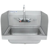 A stainless steel wall mounted hand sink with a rectangular basin, two lever handles (red for hot, blue for cold), a central faucet, and raised side and back splash guards. The Empura brand label is on the top left corner.