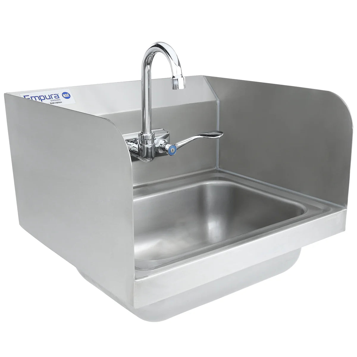 A stainless steel hand sink with high side and back splashes, a gooseneck faucet, and dual lever handles. The Empura label is on the upper left corner. This wall mounted hand sink features a deep basin for efficient commercial use.