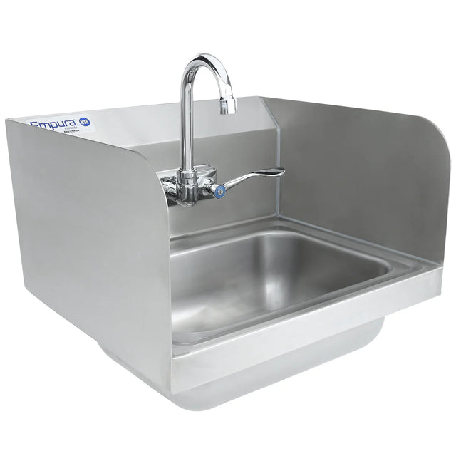 A stainless steel hand sink with high side and back splashes, a gooseneck faucet, and dual lever handles. The Empura label is on the upper left corner. This wall mounted hand sink features a deep basin for efficient commercial use.