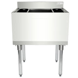 A stainless steel commercial bar sink with four cylindrical legs and a high backsplash. An NSF ice bin design, the front panel is smooth, with the Empura logo on the upper right corner. The sink is clean and unused, shown against a white background.
