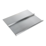 A rectangular, flat stainless steel sheet with two parallel raised edges forms a channel down the center, likely serving as a sliding cover for an underbar ice bin. Its smooth, reflective surface suggests compliance with NSF standards.