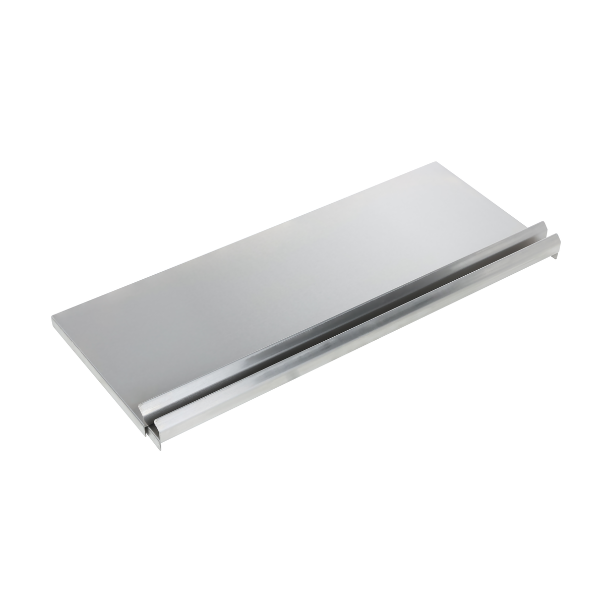 A rectangular stainless steel shelf with a brushed finish and a raised front lip, designed for wall mounting. Built to NSF standards, the shelf features clean, sharp edges and a modern, industrial look with smooth, reflective surfaces.
