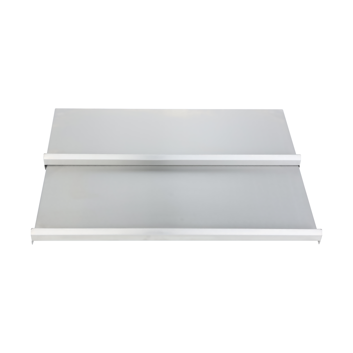 A photo of two flat, rectangular metal shelves with raised front edges, shown stacked parallel to each other against a plain white background. The shelves feature a smooth, light gray finish and meet NSF standards for safety and durability.