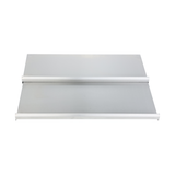 A photo of two flat, rectangular metal shelves with raised front edges, shown stacked parallel to each other against a plain white background. The shelves feature a smooth, light gray finish and meet NSF standards for safety and durability.