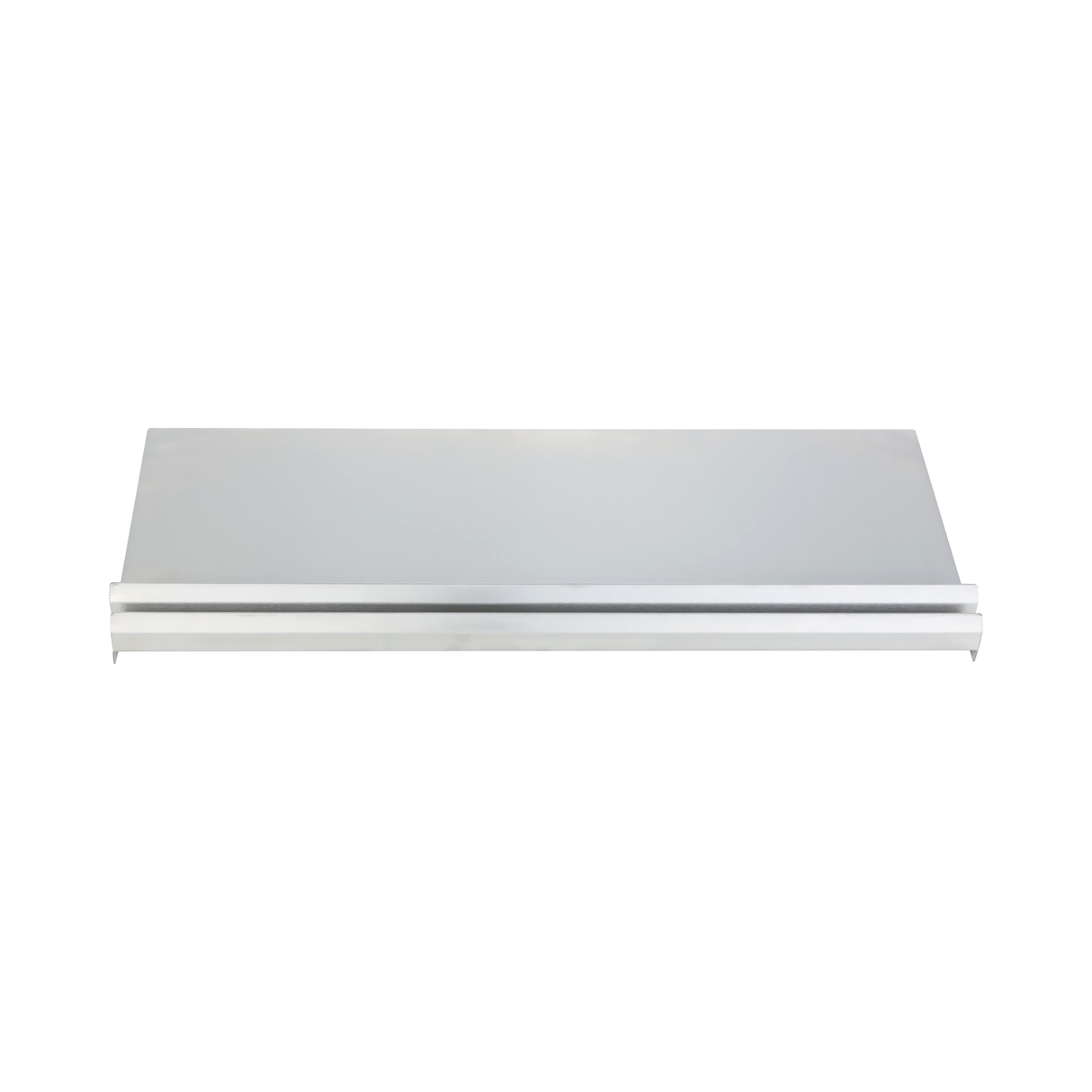 A rectangular, metallic wall shelf with a clean, smooth surface and a narrow horizontal lip at the front edge, reminiscent of underbar ice bin designs, photographed against a plain white background. The look is modern and minimalist.