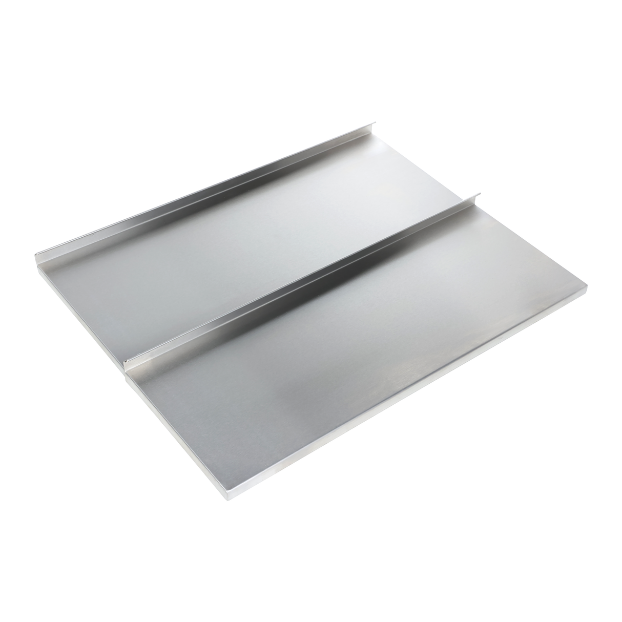 A rectangular metal sheet with raised edges along two opposite sides, creating a shallow tray-like form, ideal for use as an underbar ice bin. The smooth, reflective surface meets NSF standards and is placed on a white background.