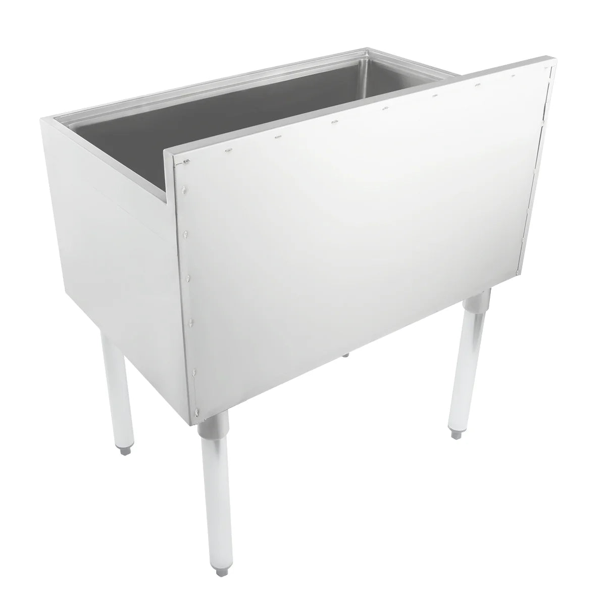 A stainless steel, rectangular utility sink with four sturdy legs and an open top. NSF certified, its smooth front panel and empty basin offer versatility. The legs are straight and evenly spaced for support, similar to underbar ice bin designs.