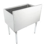A stainless steel, rectangular utility sink with four sturdy legs and an open top. NSF certified, its smooth front panel and empty basin offer versatility. The legs are straight and evenly spaced for support, similar to underbar ice bin designs.
