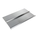 A rectangular sheet of Empura Stainless metal is shown on a white background. It has two raised, parallel ridges running lengthwise, dividing the sheet into three sections—ideal as a sliding cover for an Underbar Ice Bin. The finish is smooth and shiny.