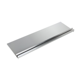 A long, rectangular Empura Stainless metal tray with a smooth, reflective silver surface and a raised edge along one side, likely designed for serving or organizing items. The minimalist, modern design resembles an underbar ice bin sliding cover.
