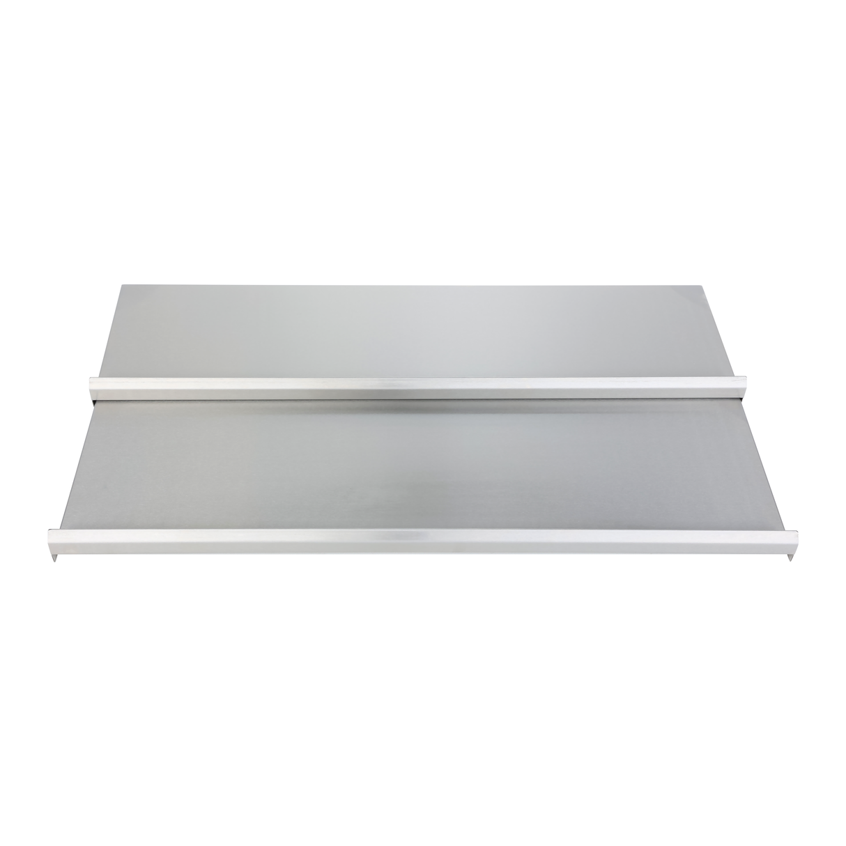 A rectangular Empura Stainless metal shelf is shown from above. It features two flat surfaces separated by a central divider, with raised edges on the front and back for security. The overall look is modern and minimalistic, perfect for an underbar ice bin setup.
