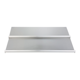 A rectangular Empura Stainless metal shelf is shown from above. It features two flat surfaces separated by a central divider, with raised edges on the front and back for security. The overall look is modern and minimalistic, perfect for an underbar ice bin setup.
