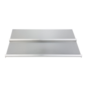 A rectangular Empura Stainless metal shelf is shown from above. It features two flat surfaces separated by a central divider, with raised edges on the front and back for security. The overall look is modern and minimalistic, perfect for an underbar ice bin setup.