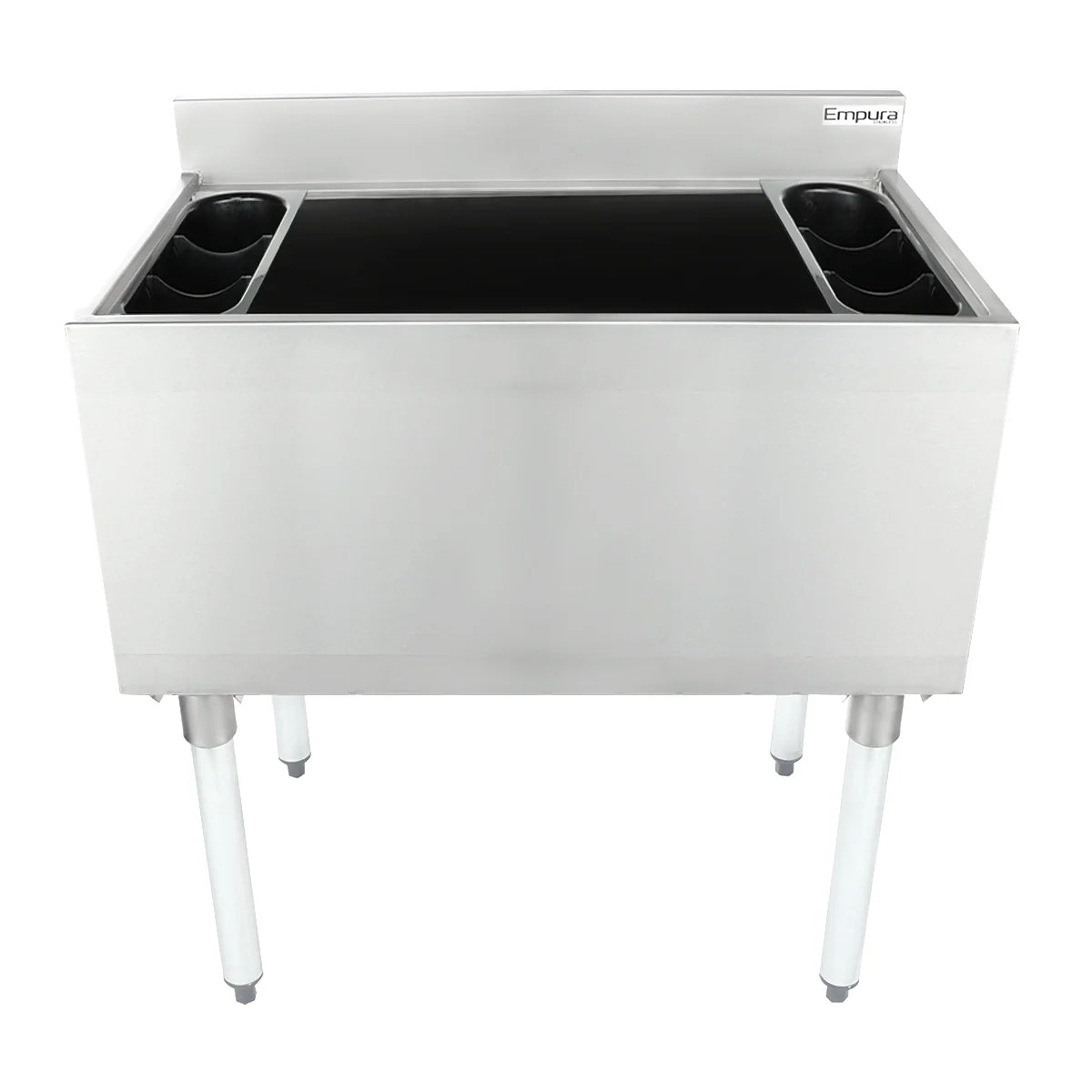 A stainless steel commercial sink with NSF certification features four white legs, a deep rectangular basin, and black cup holders in each corner. The Empura brand name is visible on the backsplash. The sink is empty and clean.