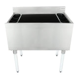 A stainless steel commercial sink with NSF certification features four white legs, a deep rectangular basin, and black cup holders in each corner. The Empura brand name is visible on the backsplash. The sink is empty and clean.
