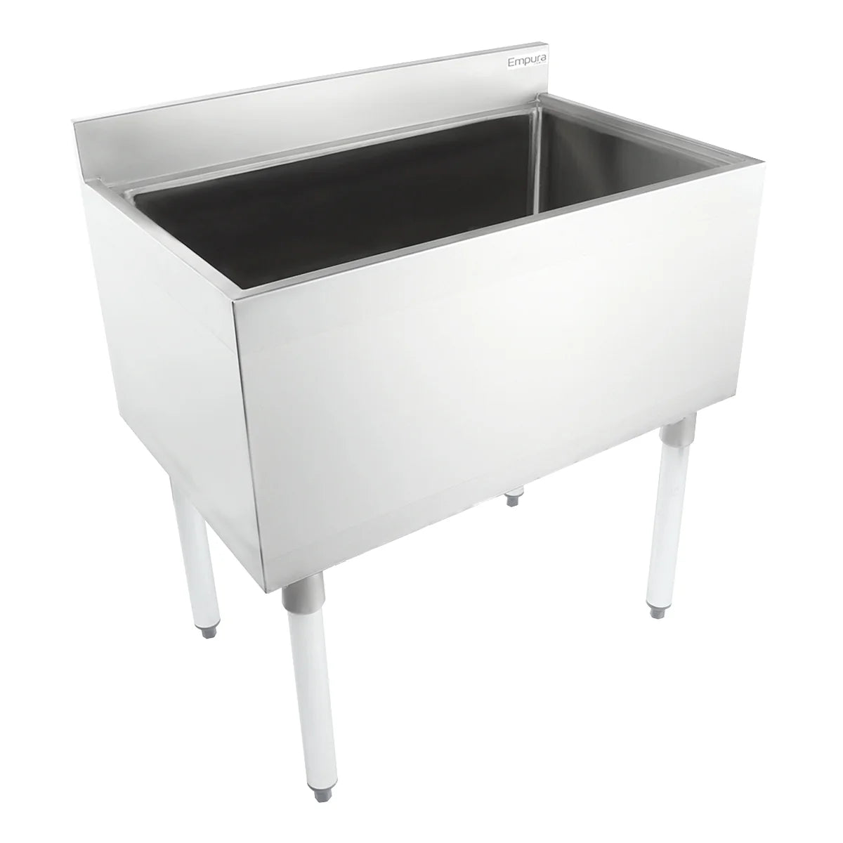 A large NSF stainless steel utility sink with four legs and a deep rectangular basin. The sink features a high backsplash and smooth, shiny surface, ideal for commercial use. No faucets or underbar ice bin are attached.