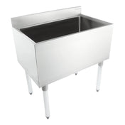 A large NSF stainless steel utility sink with four legs and a deep rectangular basin. The sink features a high backsplash and smooth, shiny surface, ideal for commercial use. No faucets or underbar ice bin are attached.