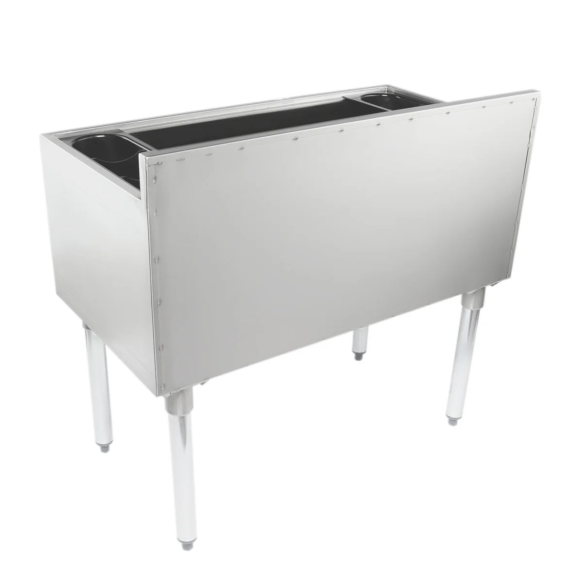 A rectangular stainless steel ice bin with four sturdy legs. The plain metal front and sides complement its open top, revealing two deep compartments. This underbar ice bin features a simple, industrial design ideal for bar or kitchen use.