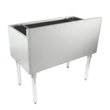 A rectangular stainless steel ice bin with four sturdy legs. The plain metal front and sides complement its open top, revealing two deep compartments. This underbar ice bin features a simple, industrial design ideal for bar or kitchen use.