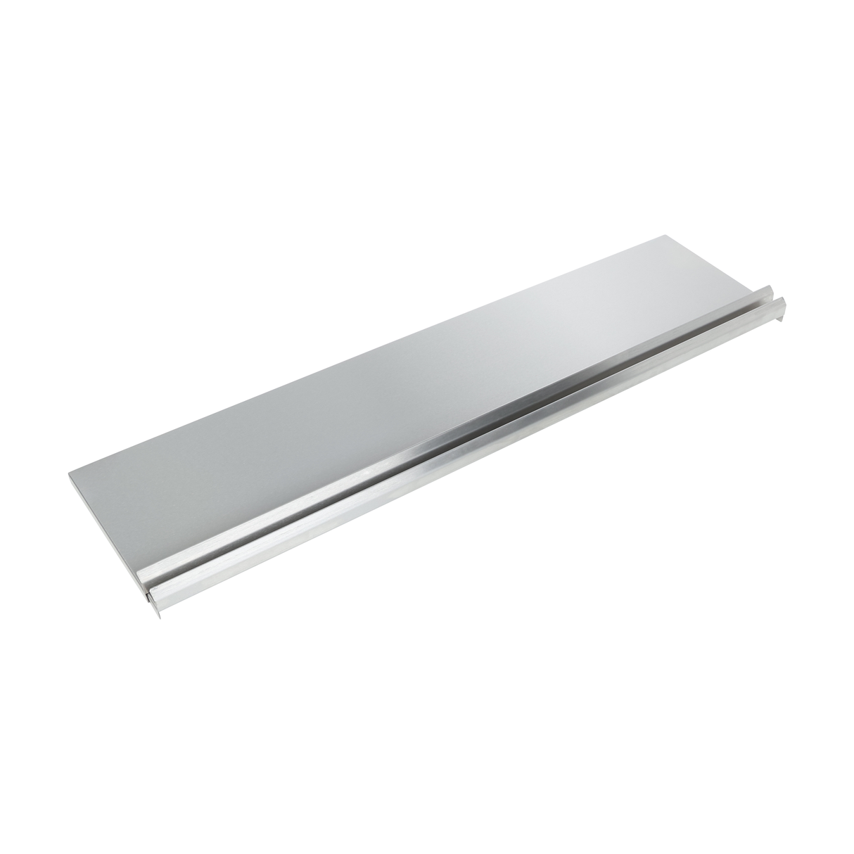 A long, flat stainless metal shelf with a slight lip on one edge, photographed on a white background. The silver shelf is designed for mounting on a wall or inside a storage unit and resembles those used above an underbar ice bin.