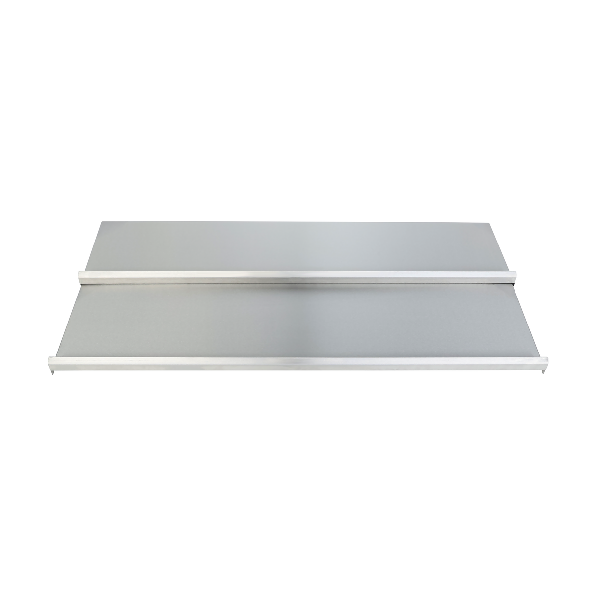 A pair of long, rectangular, flat stainless shelves are positioned parallel, one above the other, with raised edges on the front and back sides, against a plain white background.