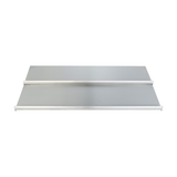 A pair of long, rectangular, flat stainless shelves are positioned parallel, one above the other, with raised edges on the front and back sides, against a plain white background.