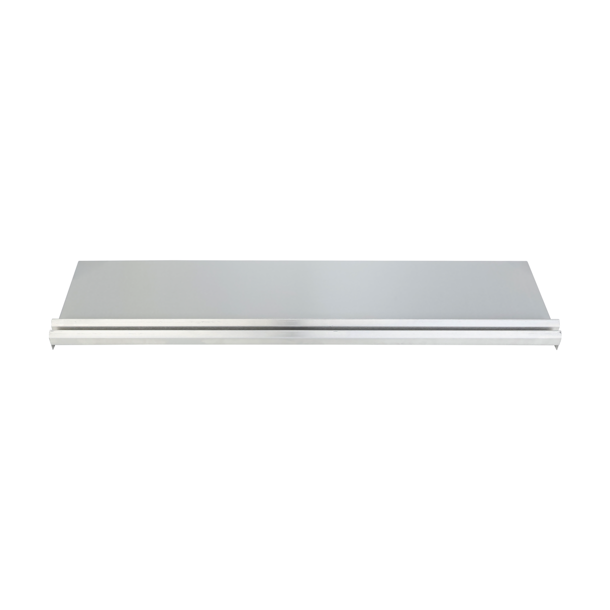 A stainless metal floating shelf with a sleek, minimalist design is shown against a white background. The rectangular shelf features clean edges and no visible supports, similar to the streamlined look of an underbar ice bin with a sliding cover.