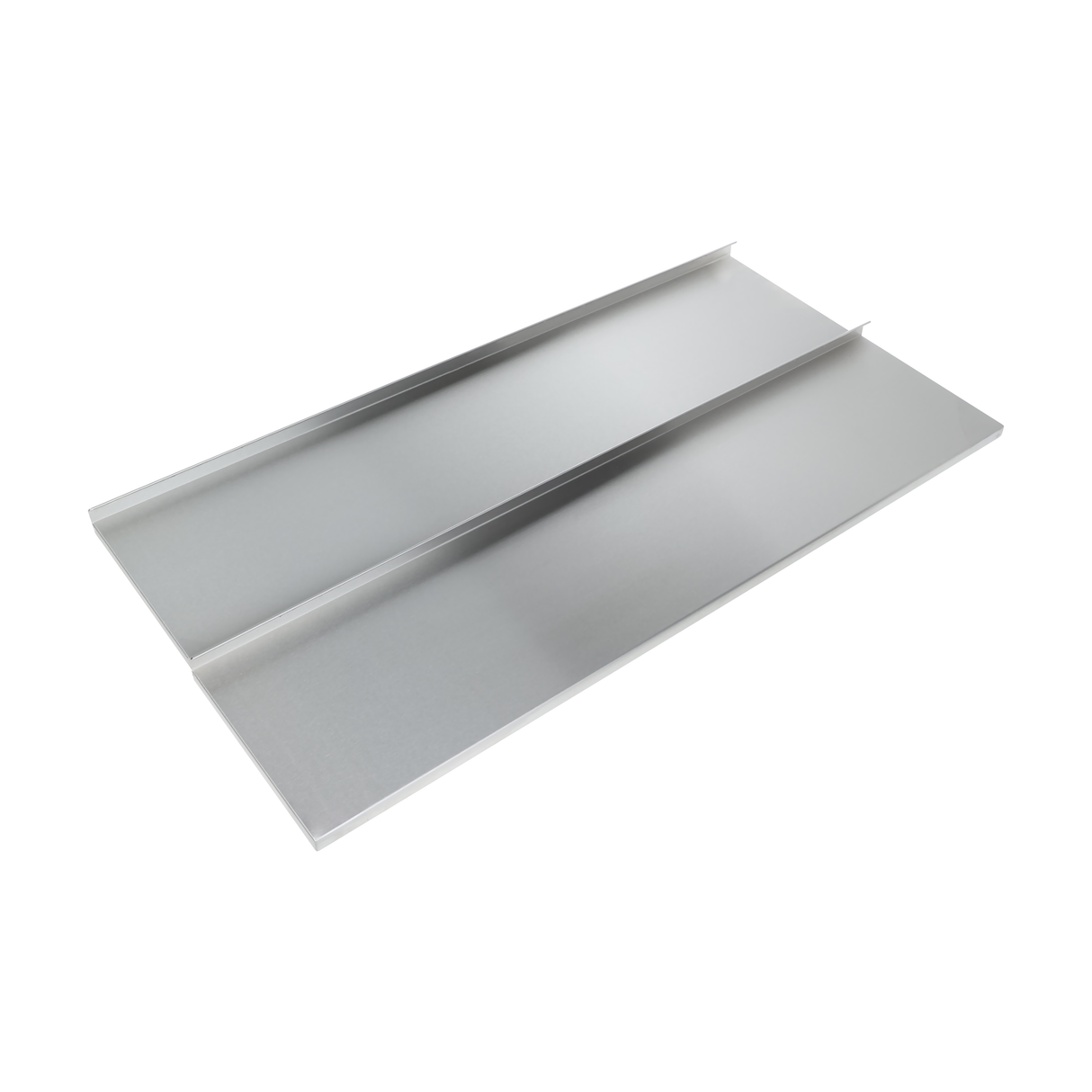 A rectangular sheet of smooth, stainless material with two raised, parallel ridges running lengthwise along the surface. The reflective, shiny finish makes it ideal as a sliding cover for an underbar ice bin. Photographed on a white background.
