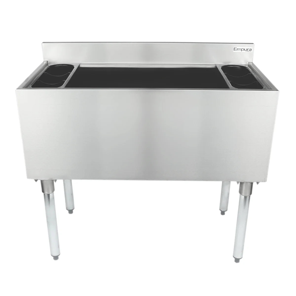 A commercial NSF ice bin with a backsplash and four sturdy legs. This rectangular stainless steel underbar ice bin features two round bottle holders on each side and a deep open top for storing ice, perfect for any bar or restaurant setting.