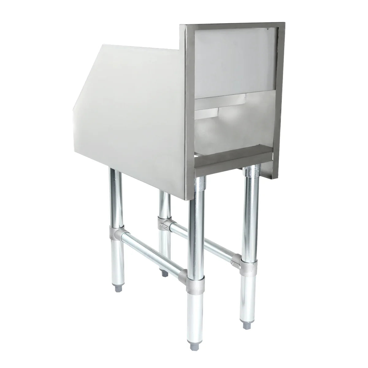 A stainless steel ice bin with tall cylindrical legs, crossbars for support, a slanted front panel, and an open lower shelf—perfect for commercial use as an underbar liquor display—set against a plain white background.