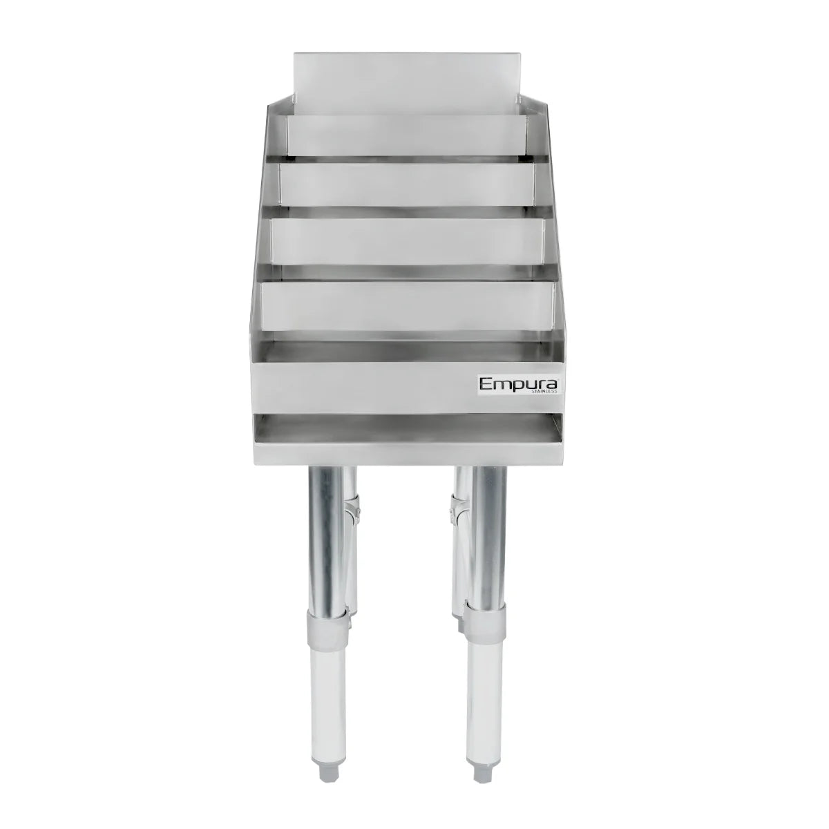 A stainless steel commercial kitchen rack with four slanted shelves and two sturdy legs, labeled “Empura” on the right side. This metallic design also works well as a liquor display stand for organizing bottles, trays, or kitchen supplies.