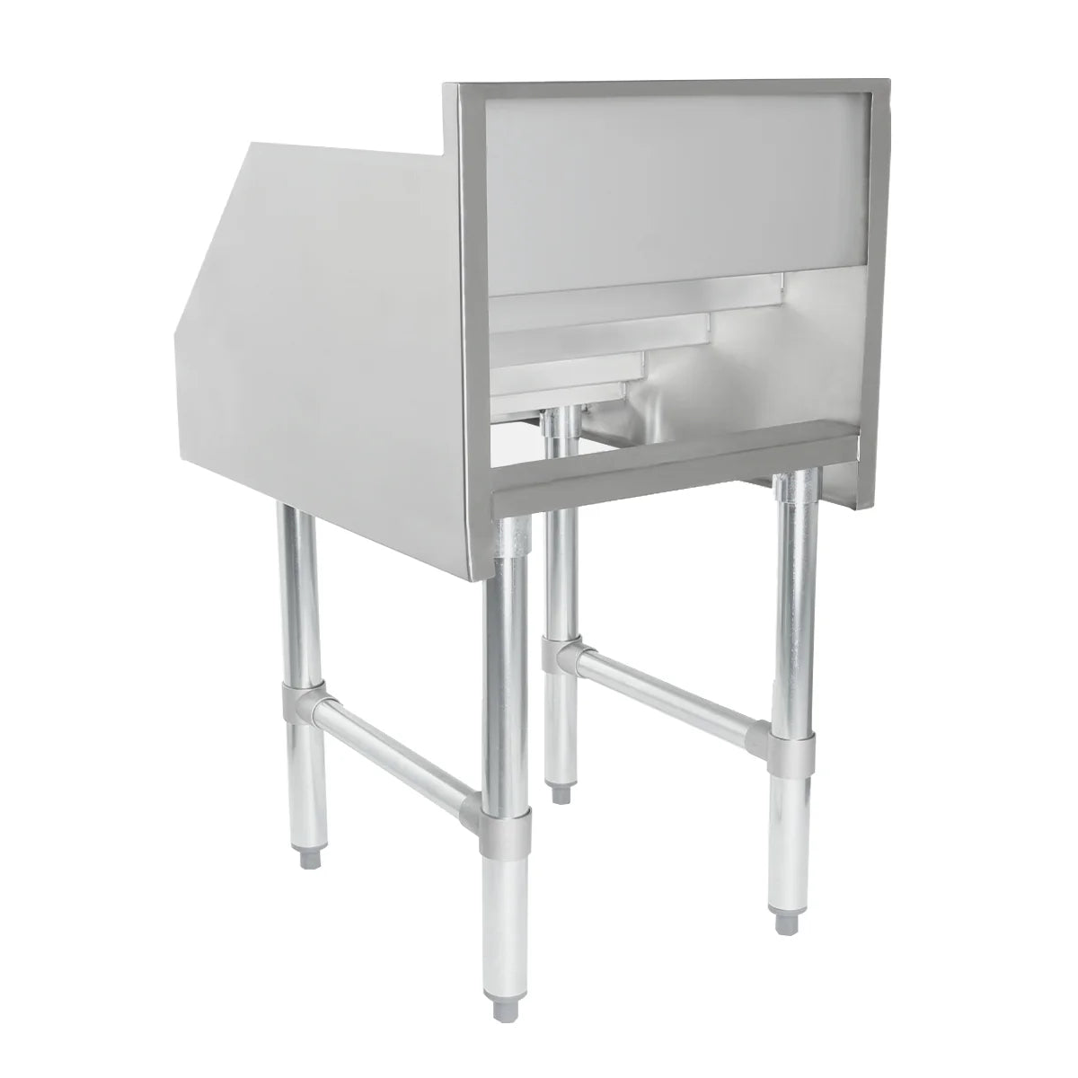 A stainless steel commercial ice bin with NSF certification and four sturdy legs, featuring an enclosed back and sides. The open front has a slanted edge for easy ice access, making it ideal for bars or restaurants as part of an underbar liquor display stand.