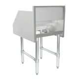 A stainless steel commercial ice bin with NSF certification and four sturdy legs, featuring an enclosed back and sides. The open front has a slanted edge for easy ice access, making it ideal for bars or restaurants as part of an underbar liquor display stand.