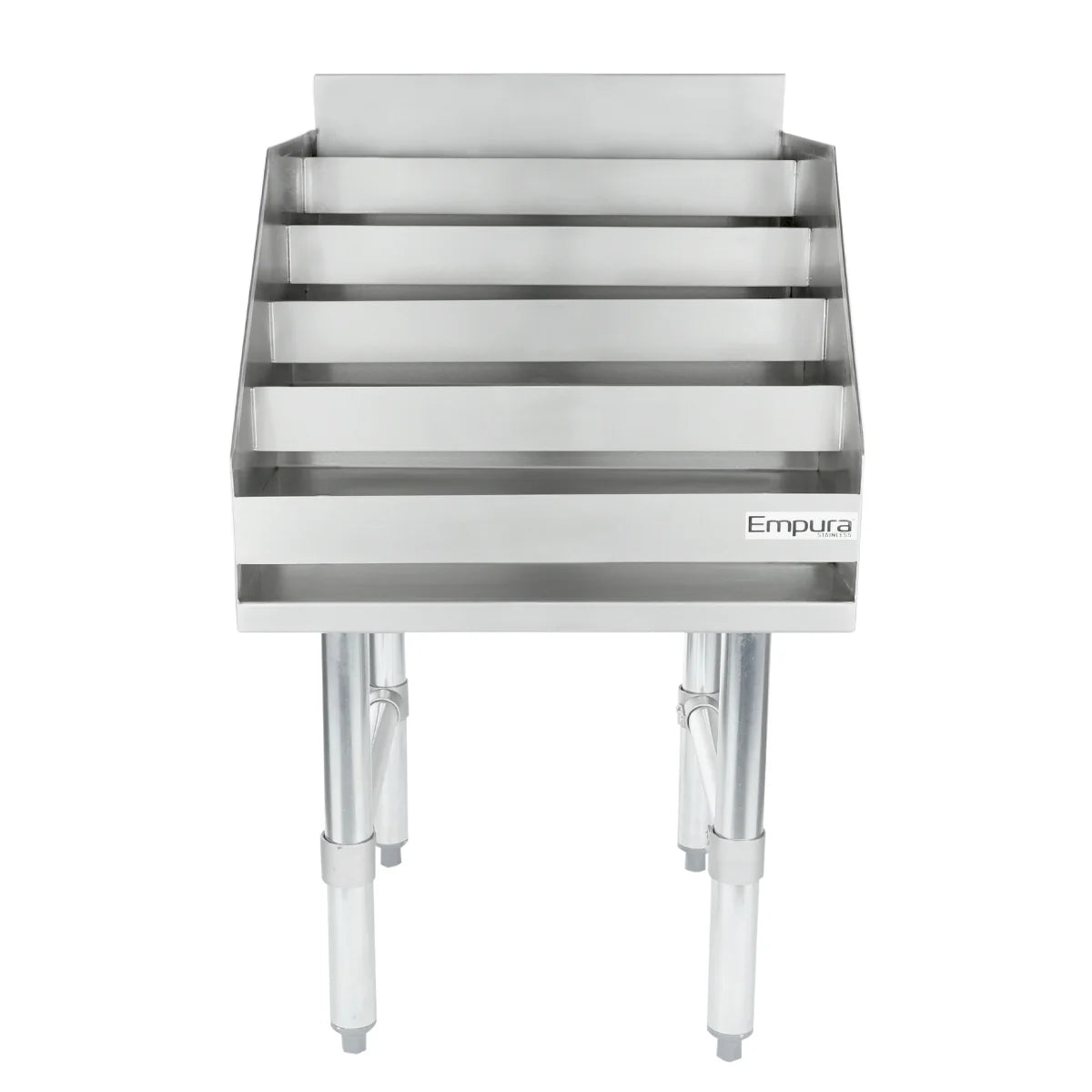 A stainless steel commercial glass rack shelf with NSF certification, featuring five horizontal slots and four sturdy legs. Labeled Empura on the front right, it’s ideal for storing or drying glassware in kitchen or bar settings. Sleek, reflective surface.