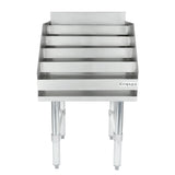 A stainless steel commercial glass rack shelf with NSF certification, featuring five horizontal slots and four sturdy legs. Labeled Empura on the front right, it’s ideal for storing or drying glassware in kitchen or bar settings. Sleek, reflective surface.