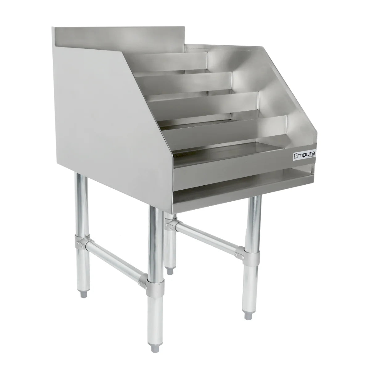 A stainless steel underbar liquor display stand with four angled, tiered shelves for easy access, supported by sturdy legs with crossbars. The Empura brand logo appears on the bottom right. NSF certified and ideal for kitchen or bar use.