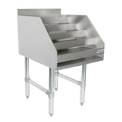 A stainless steel underbar liquor display stand with four angled, tiered shelves for easy access, supported by sturdy legs with crossbars. The Empura brand logo appears on the bottom right. NSF certified and ideal for kitchen or bar use.