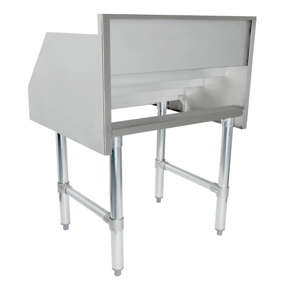 A stainless steel, industrial kitchen workstation seen from an angle behind and to the side. Its minimal, functional design is reminiscent of an underbar liquor display, with four sturdy metal legs and easy access from the front and sides.