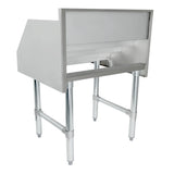 A stainless steel, industrial kitchen workstation seen from an angle behind and to the side. Its minimal, functional design is reminiscent of an underbar liquor display, with four sturdy metal legs and easy access from the front and sides.